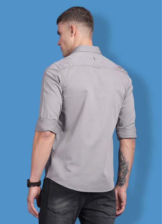 Grey Cotton Blend Solid Slim Fit Shirt