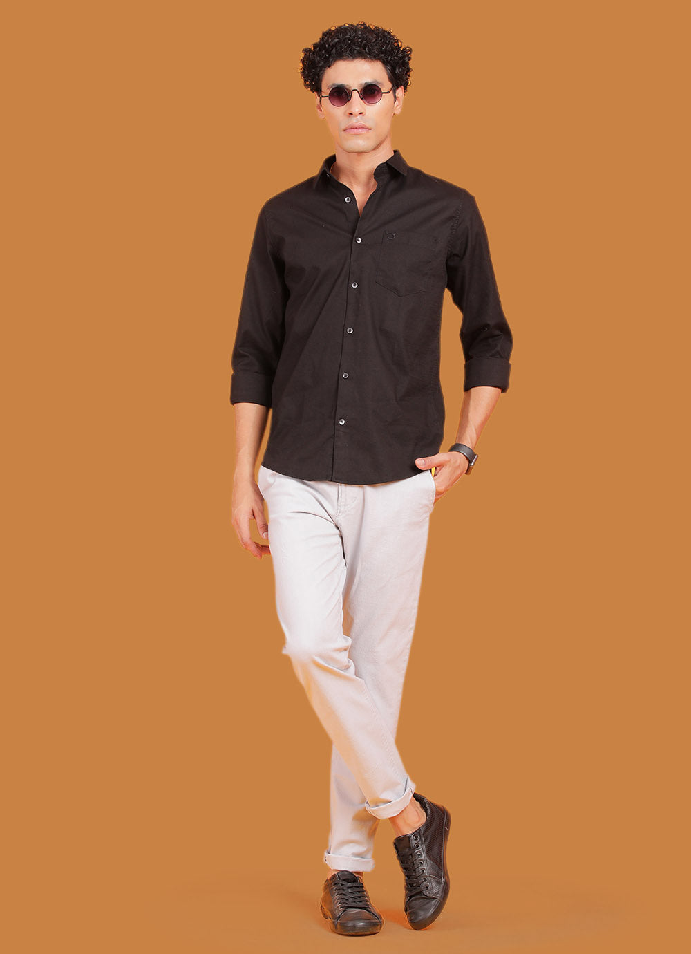 Black Cotton Blend Slim Fit Party Wear Shirt with Patch Pocket