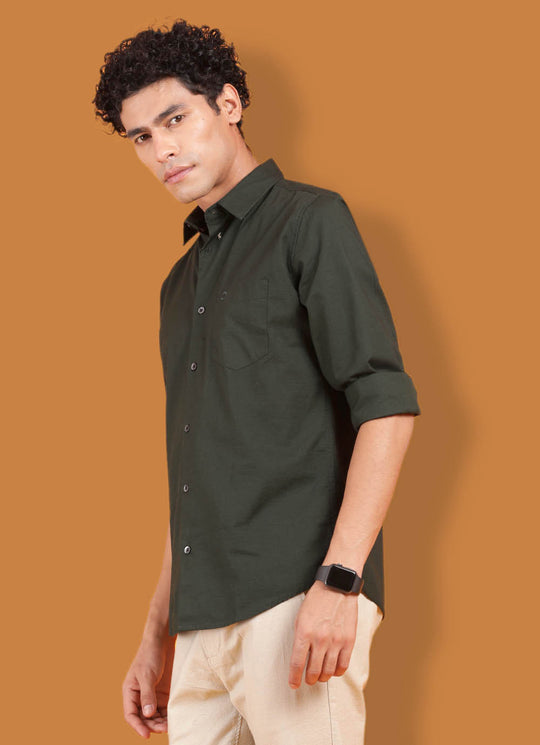 Dark Green Cotton Blend Slim Fit Party Wear Shirt with Patch Pocket