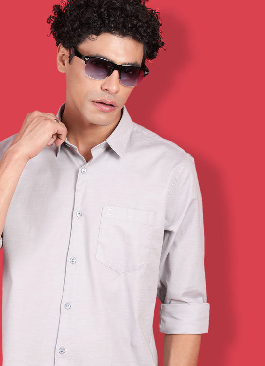 Grey Cotton Blend Slim Fit Solid Shirt With Patch Pocket