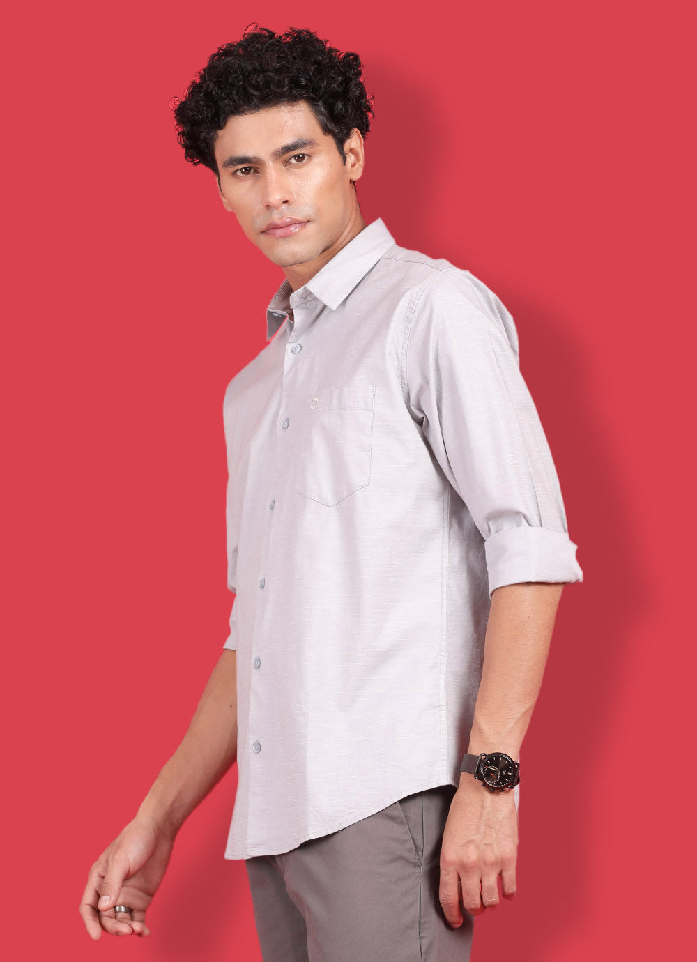 Grey Cotton Blend Slim Fit Solid Shirt With Patch Pocket