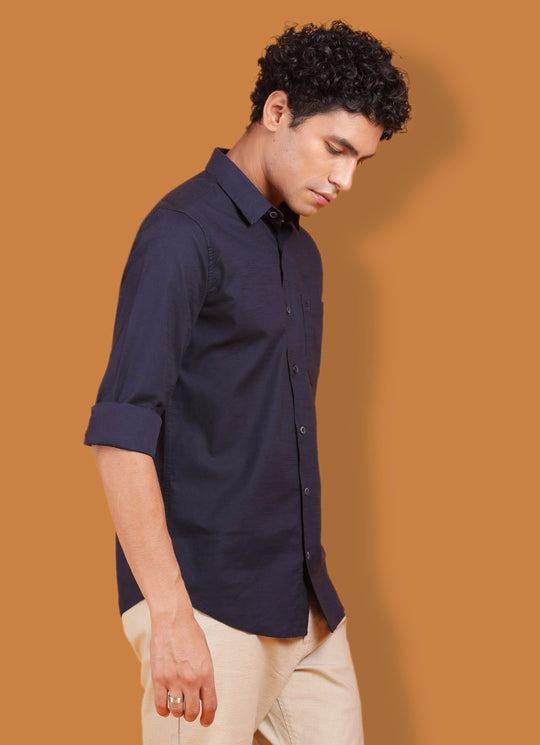 Navy Cotton Blend Slim Fit Party Wear Shirt with Patch Pocket
