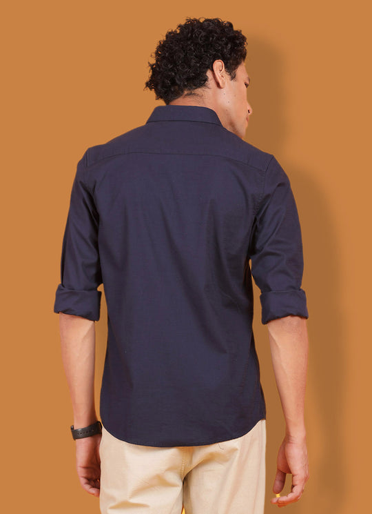 Navy Cotton Blend Slim Fit Party Wear Shirt with Patch Pocket