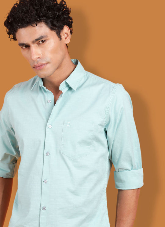 Turquoise Cotton Blend Slim Fit Solid Shirt With Patch Pocket