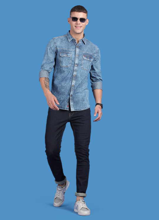 Navy Indigo Solid Slim Fit Shirt with Double Pocket with Flap