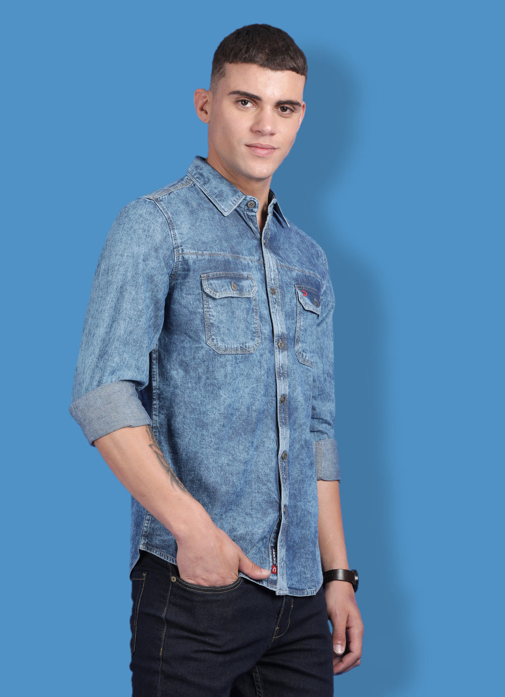 Navy Indigo Solid Slim Fit Shirt with Double Pocket with Flap