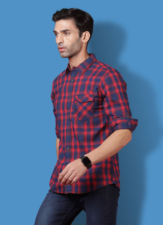 Checkered Denim Slim Fit Red Shirt with Patch Pocket