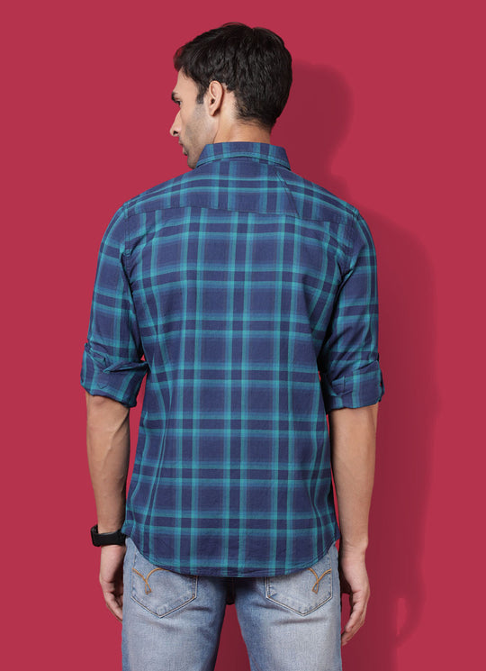 Checkered Denim Slim Fit Teal Blue Shirt with Patch Pocket