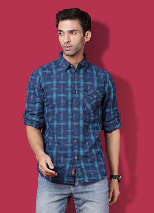 Checkered Denim Slim Fit Pink Blue Shirt with Patch Pocket