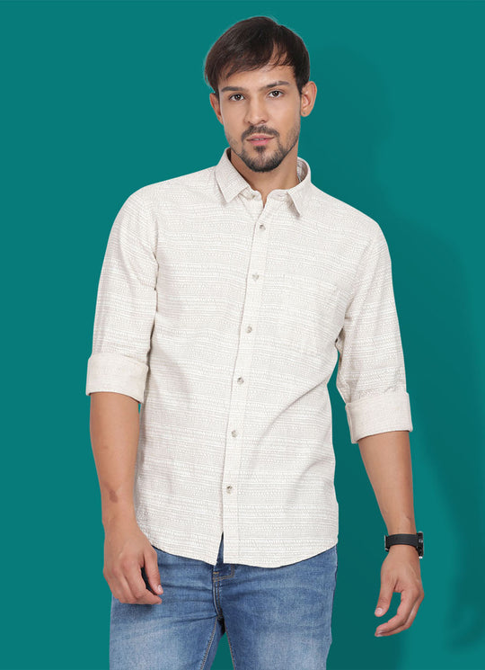 Printed Cotton Linen Slim Fit Off-White Shirt