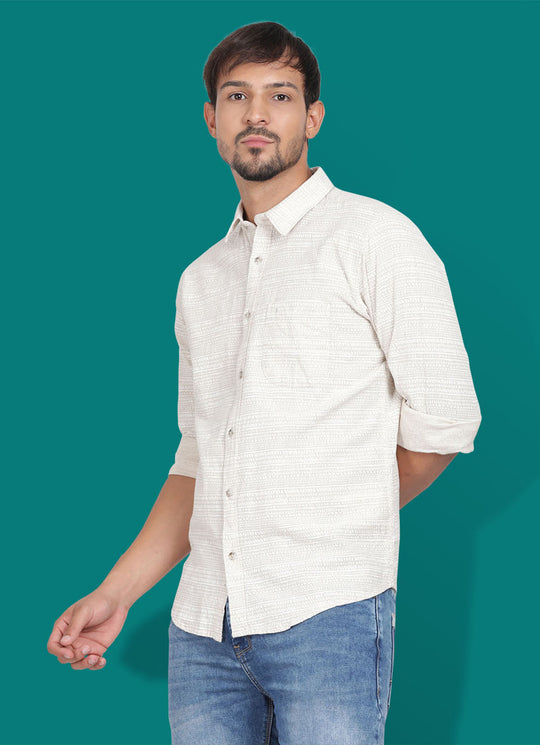 Printed Cotton Linen Slim Fit Off-White Shirt