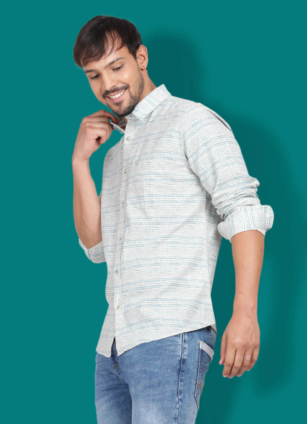 Printed Cotton Linen Slim Fit Turquoise  Shirt