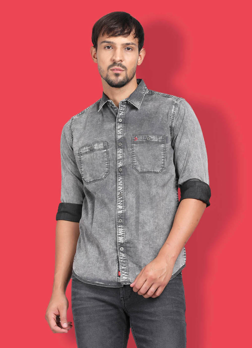 Solid Indigo Slim fit Grey Shirt with Double Patch Pocket