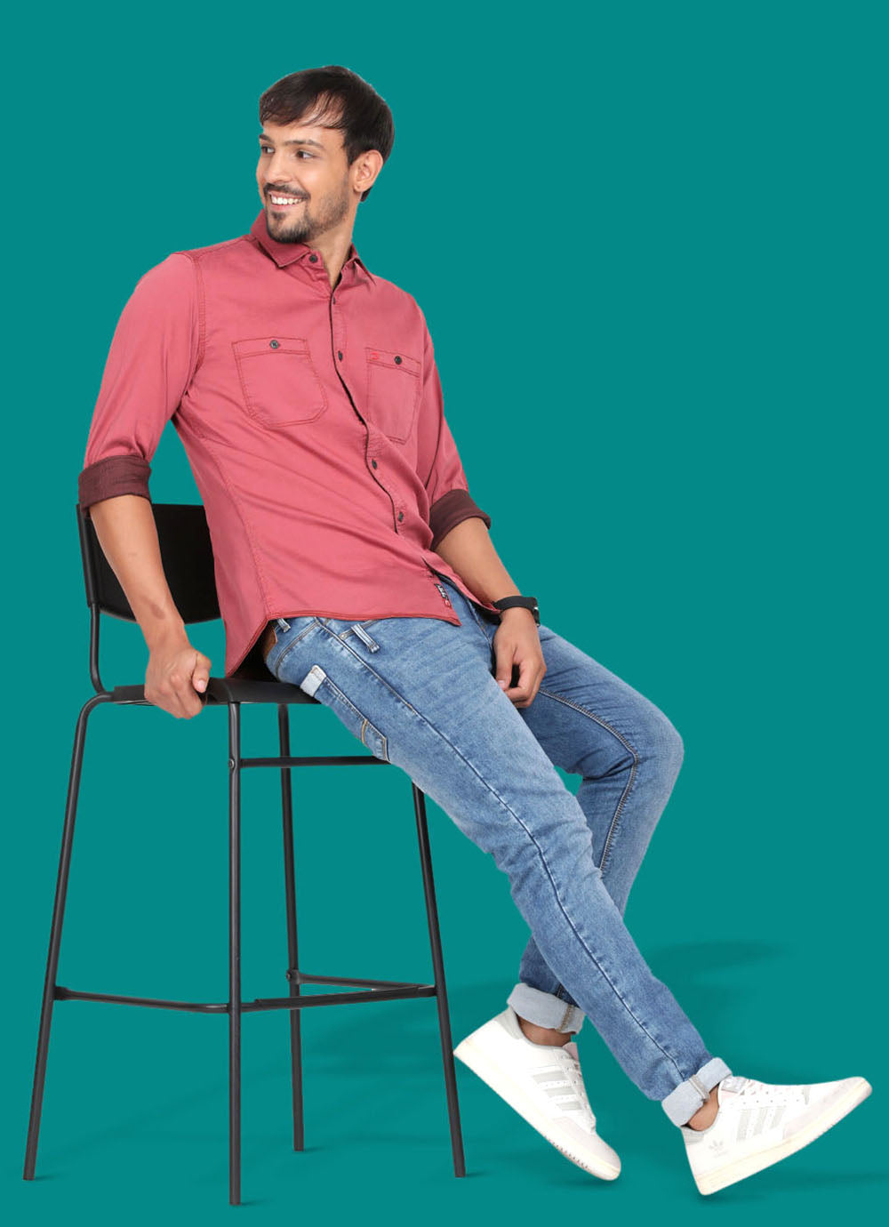 Solid Indigo Slim fit Red Shirt with Double Patch Pocket