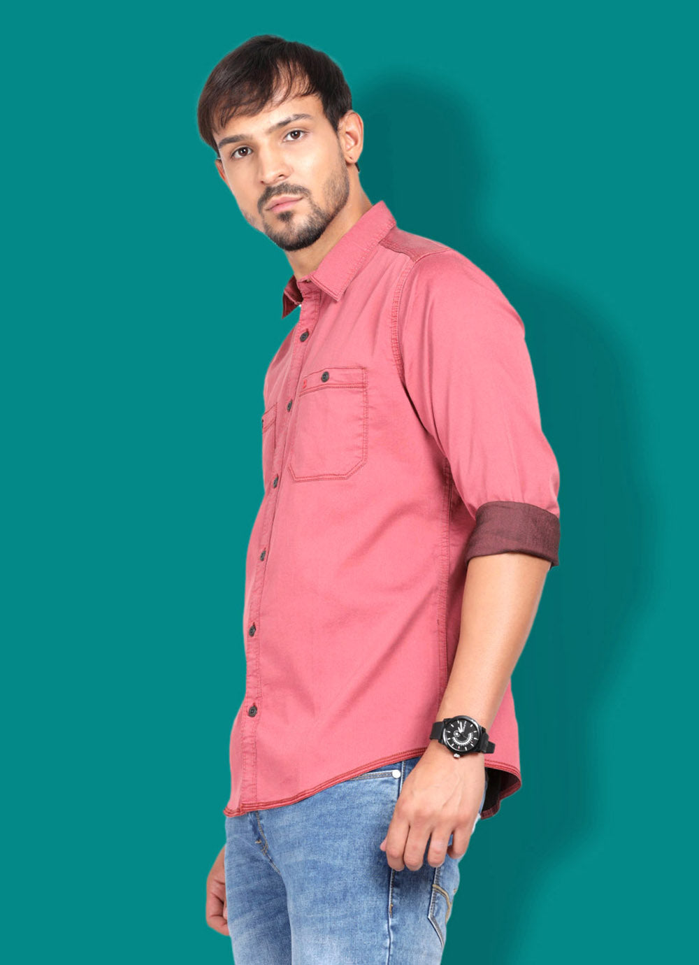 Solid Indigo Slim fit Red Shirt with Double Patch Pocket