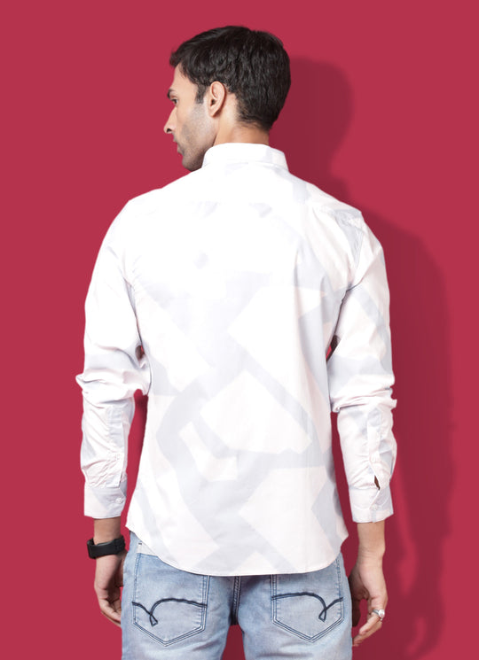 Assymetrical Printed Cotton Slim Fit Pink Shirt with Patch Pocket