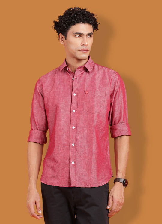 Magenta Linen Slim Fit Party Wear Shirt With Patch Pocket