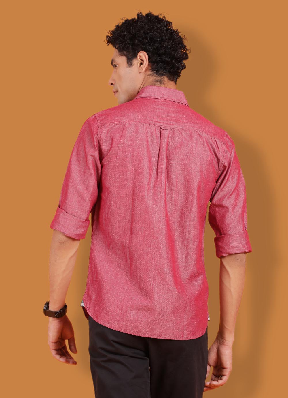 Magenta Linen Slim Fit Party Wear Shirt With Patch Pocket