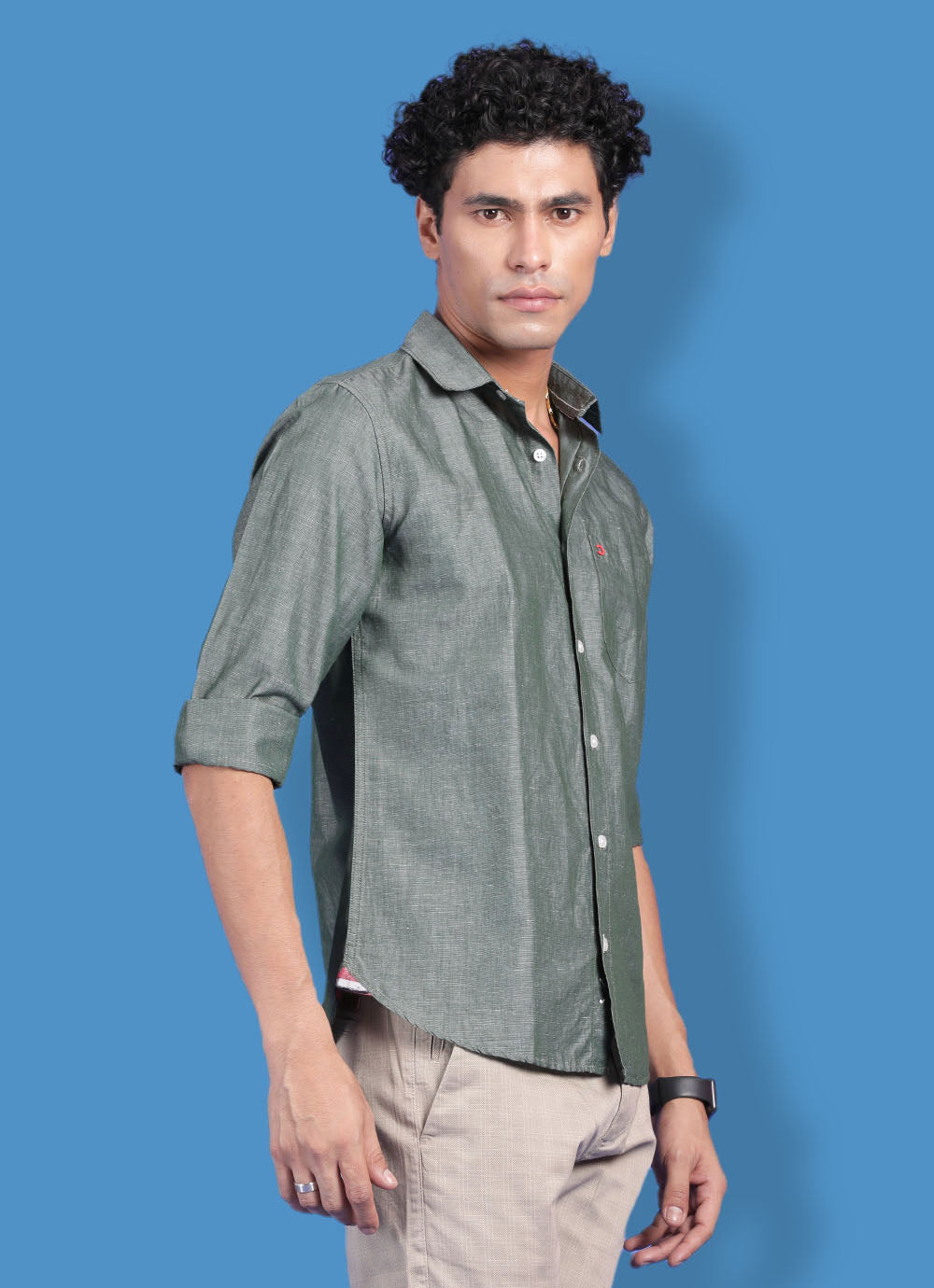 Olive Cotton Linen Slim Fit Solid Shirt With Patch Pocket