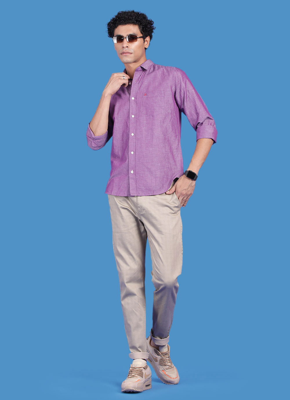 Purple Cotton Linen Slim Fit Solid Shirt With Patch Pocket