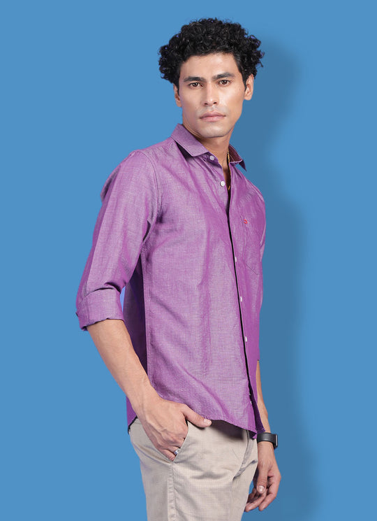 Purple Cotton Linen Slim Fit Solid Shirt With Patch Pocket