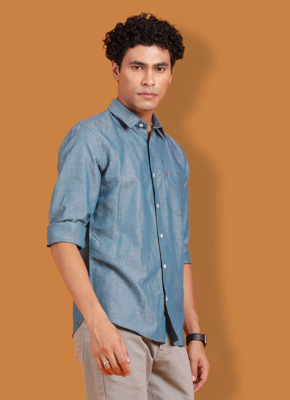 Teal Cotton Linen Slim Fit Solid Shirt With Patch Pocket