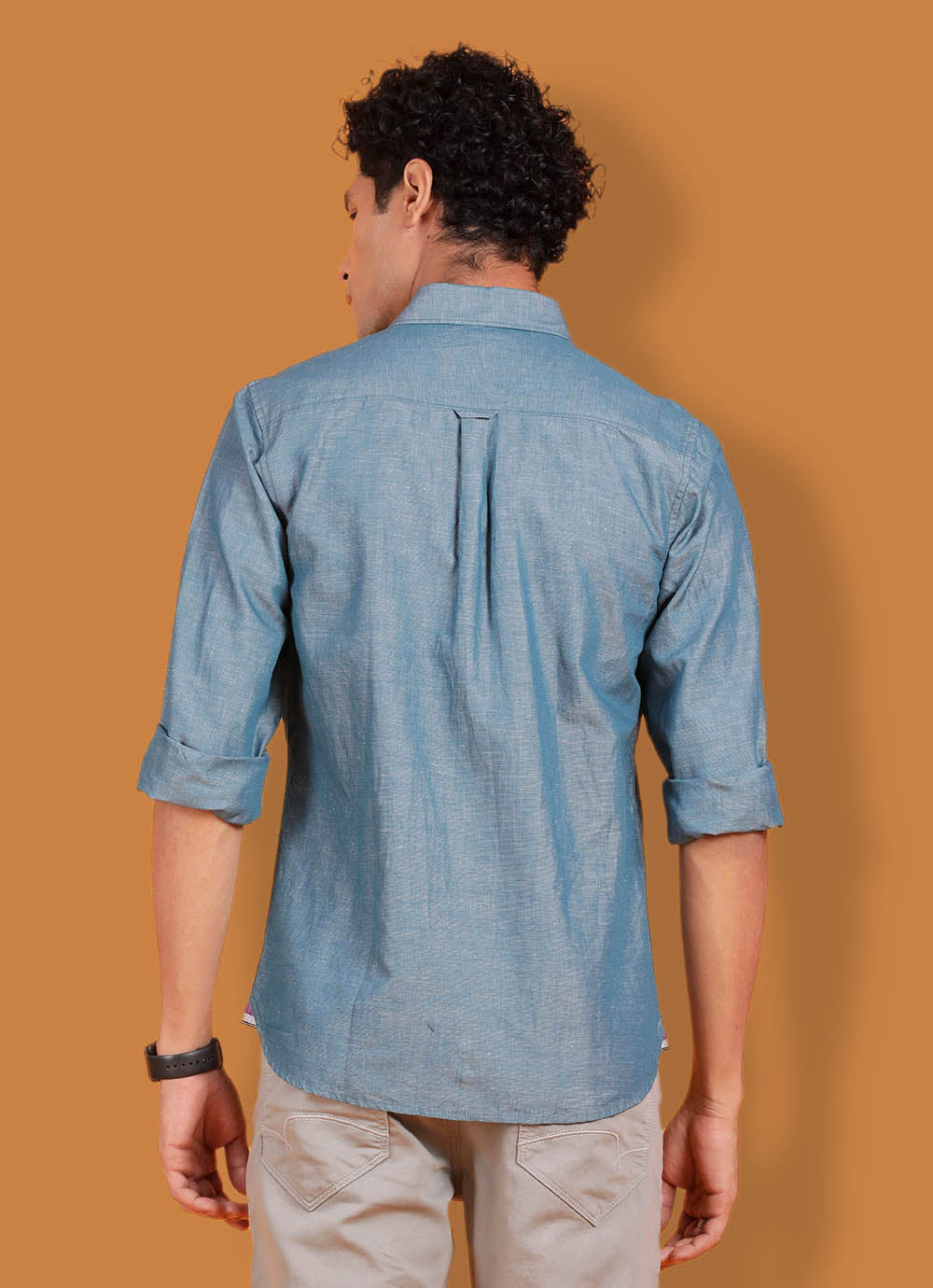 Teal Cotton Linen Slim Fit Solid Shirt With Patch Pocket