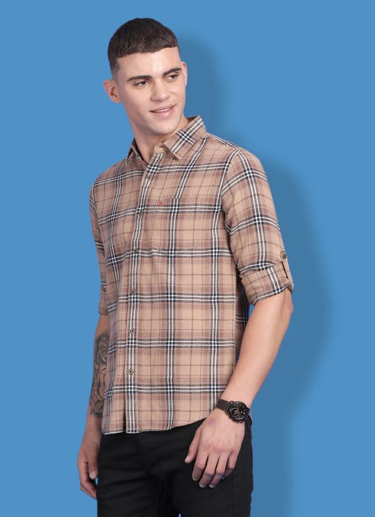Mustard Pure Cotton Checkered Slim Fit Shirt with Single Pocket with Flap