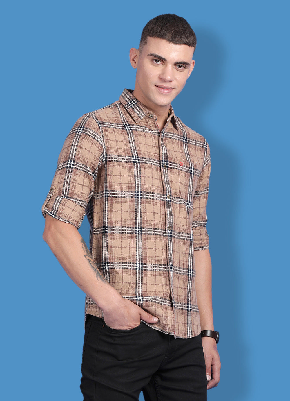 Mustard Pure Cotton Checkered Slim Fit Shirt with Single Pocket with Flap