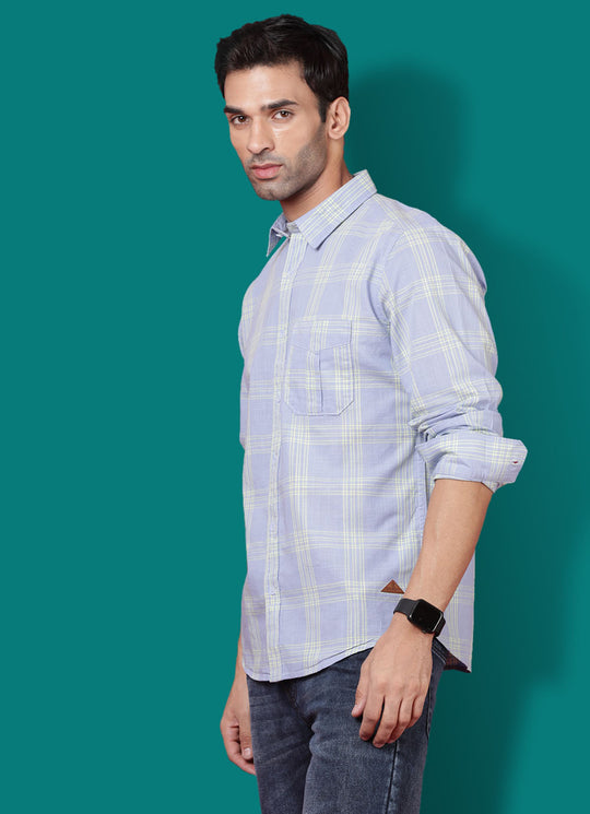 Checkered Amslar Cotton Slim Fit Neon Blue Shirt with Double Pockets