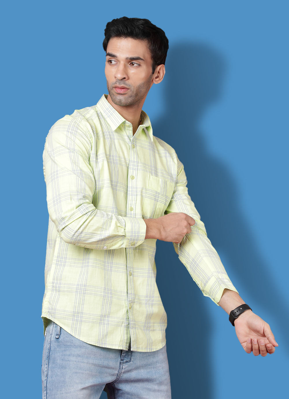 Checkered Amslar Cotton Slim Fit Neon Green Shirt with Double Pockets