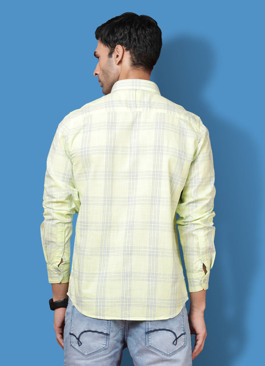 Checkered Amslar Cotton Slim Fit Neon Green Shirt with Double Pockets