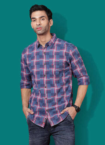 Checkered Denim Slim Fit Pink Shirt with Patch Pocket