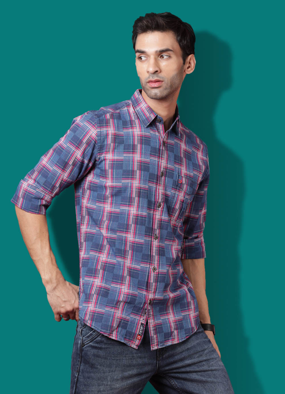 Checkered Denim Slim Fit Pink Shirt with Patch Pocket