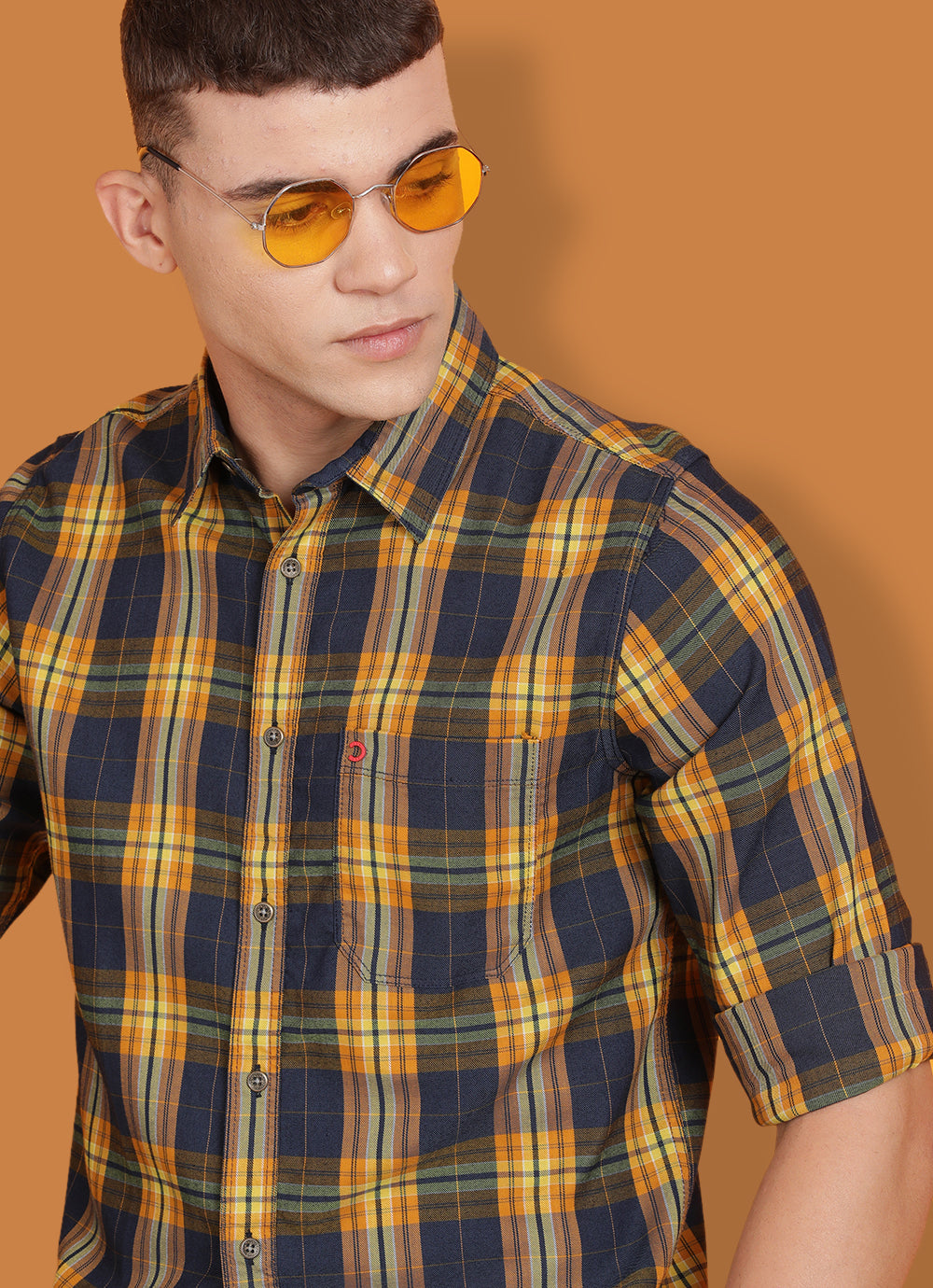 Mustard Indigo Checkered Slim Fit Shirt with Single Patch Pocket