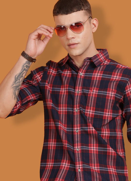 Navy Red Indigo Checkered Slim Fit Shirt with Single Patch Pocket
