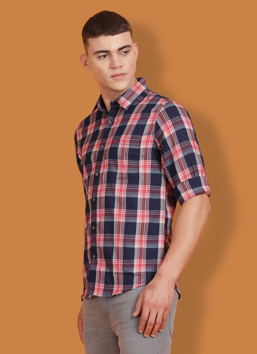 Red Indigo Checkered Slim Fit Shirt with Single Patch Pocket