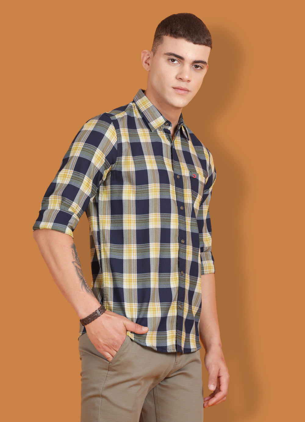 Yellow Indigo Checkered Slim Fit Shirt with Single Patch Pocket