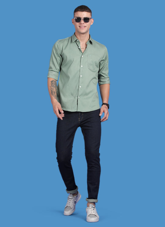 Green Pure Cotton Solid Slim Fit Shirt with Single Patch Pocket