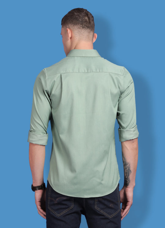 Green Pure Cotton Solid Slim Fit Shirt with Single Patch Pocket