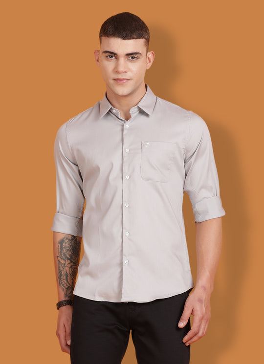 Grey Pure Cotton Solid Slim Fit Shirt with Single Patch Pocket