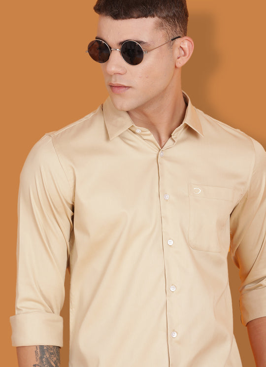 Light Khaki Pure Cotton Solid Slim Fit Shirt with Single Patch Pocket