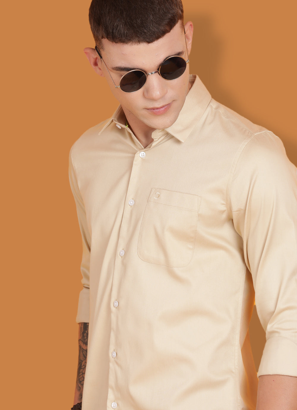 Light Khaki Pure Cotton Solid Slim Fit Shirt with Single Patch Pocket