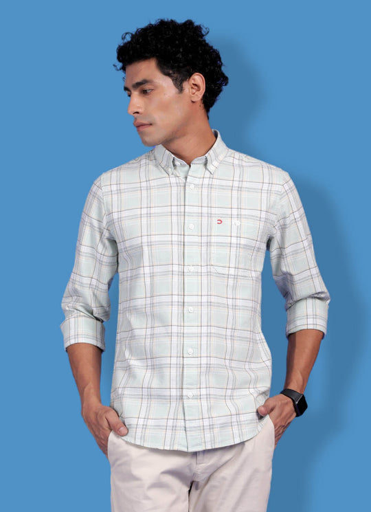 Lightgreen Cotton Slim Fit Checkered Shirt With Patch Pocket