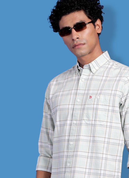 Lightgreen Cotton Slim Fit Checkered Shirt With Patch Pocket