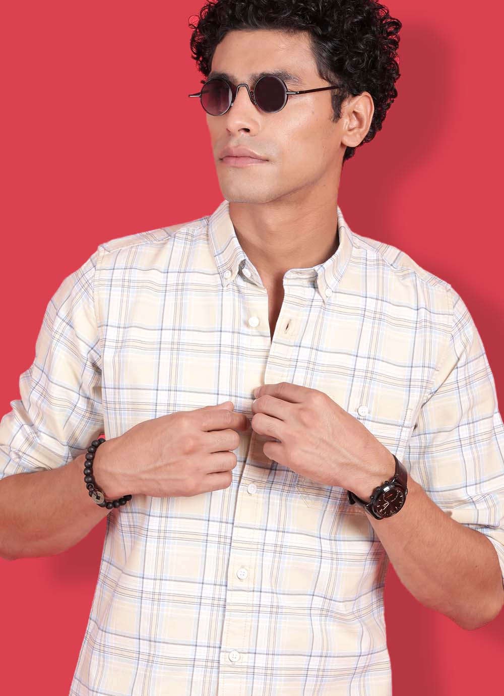 Mustard Cotton Slim Fit Checkered Shirt With Patch Pocket