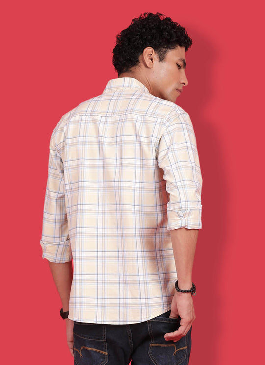 Mustard Cotton Slim Fit Checkered Shirt With Patch Pocket
