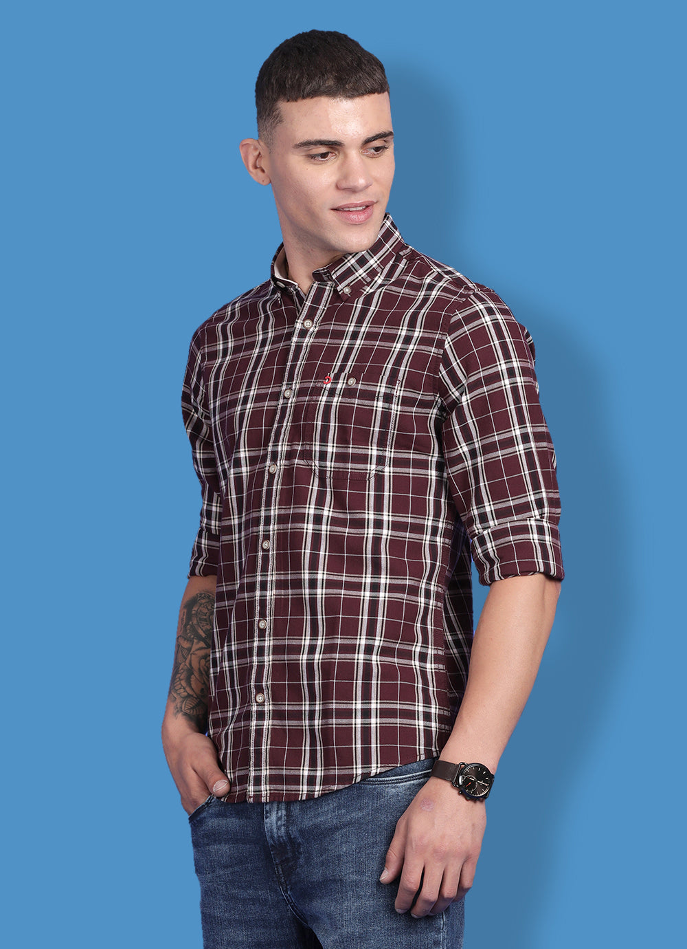 Maroon Pure Cotton Checkered Slim Fit Shirt