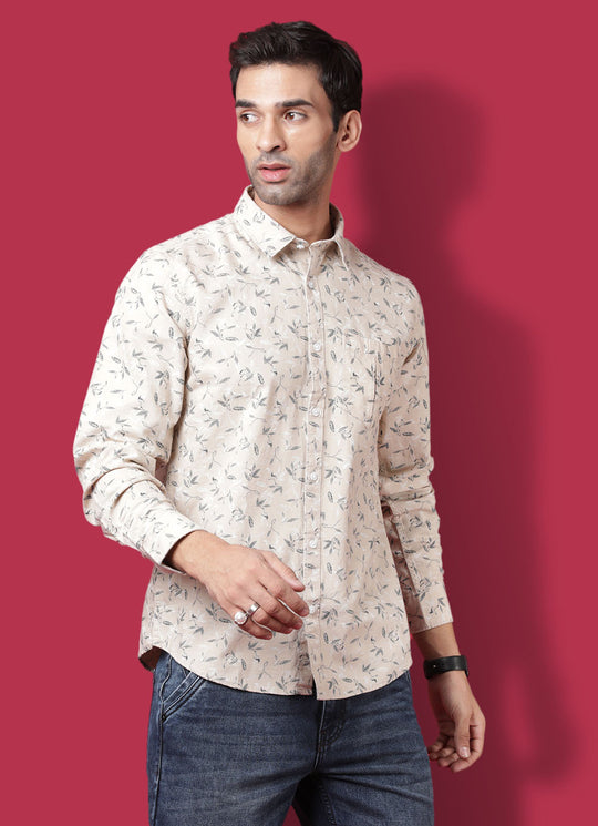 Floral Printed Cotton Blend Slim Fit Beige Shirt with Patch Pocket