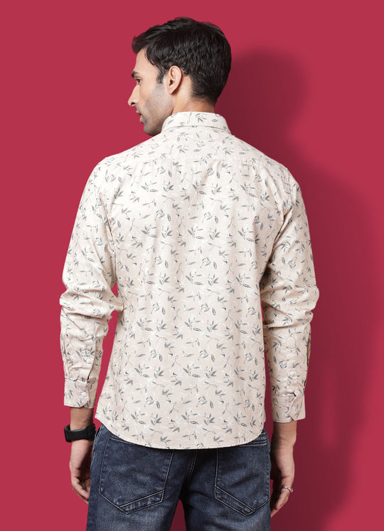 Floral Printed Cotton Blend Slim Fit Beige Shirt with Patch Pocket